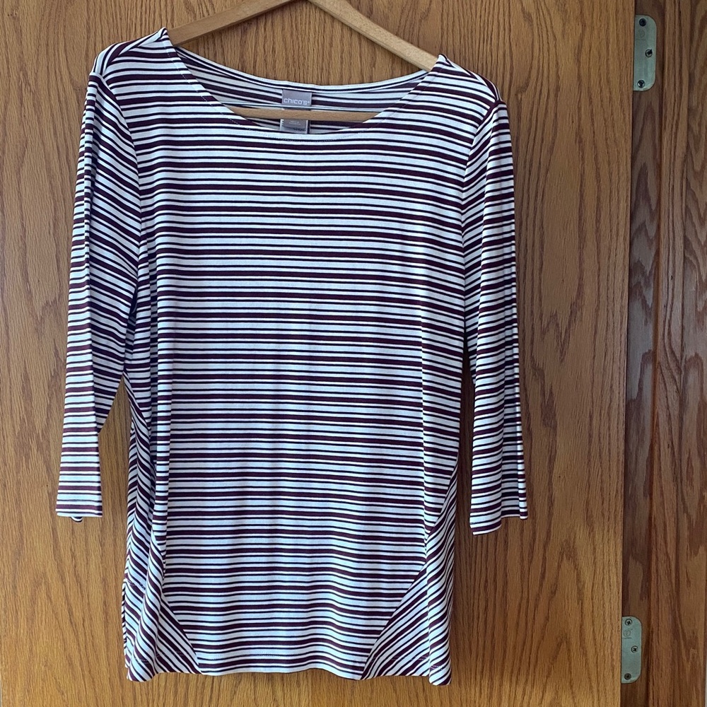 Chico's Navy and White Striped Long Sleeve Top